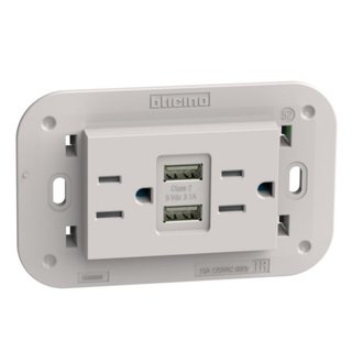 BTicino American standard 2 P+E 15 A 127/250 Vac universal duplex socket and 5 Vdc type A USB charger — KM4188AA